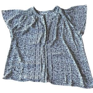 Womens Top Size 3x White Blue Flowy Vacation Travel Beachy Cruise Ready Office